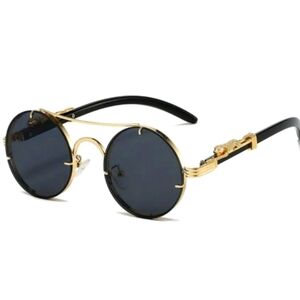 Unisex Gold and Black Round Sunglasses